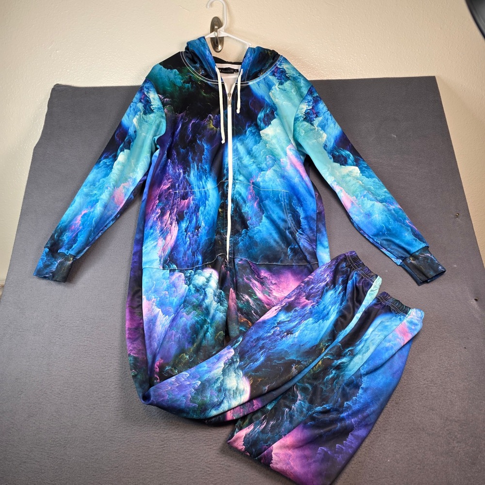 Onesielife Hooded Jumpsuit Mens Large Blue Galaxy Nebula Graphic Full Zip Pajama